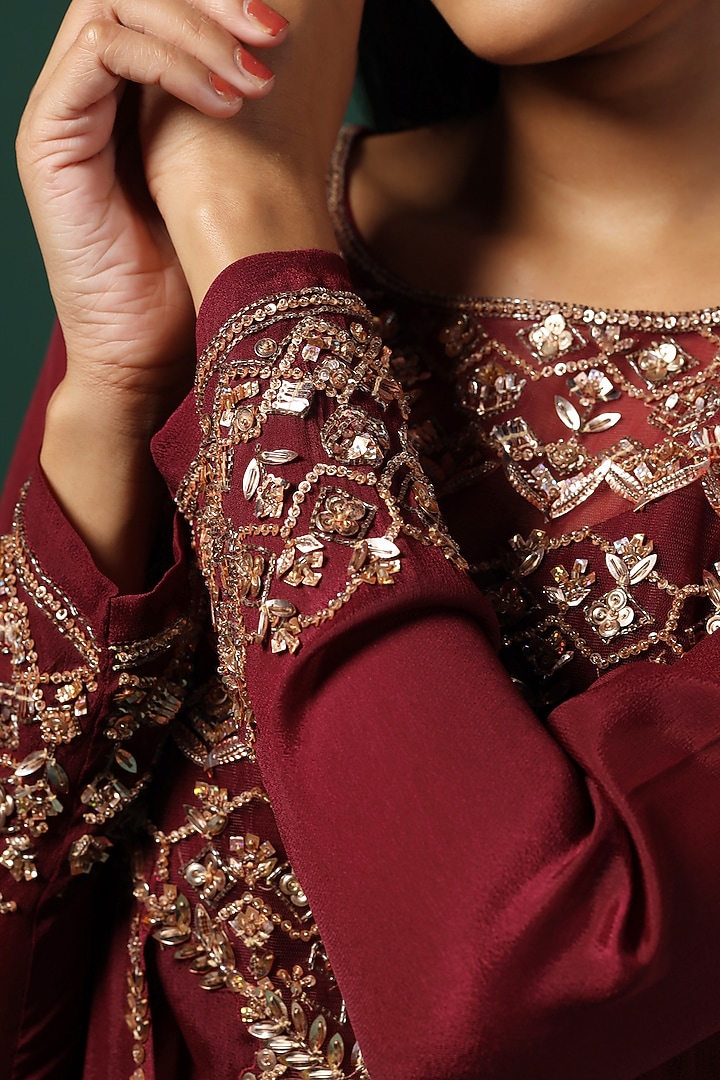 Maroon Georgette Sequins Embroidered Engagement Gown by Two Sisters By Gyans at Pernia's Pop Up Shop