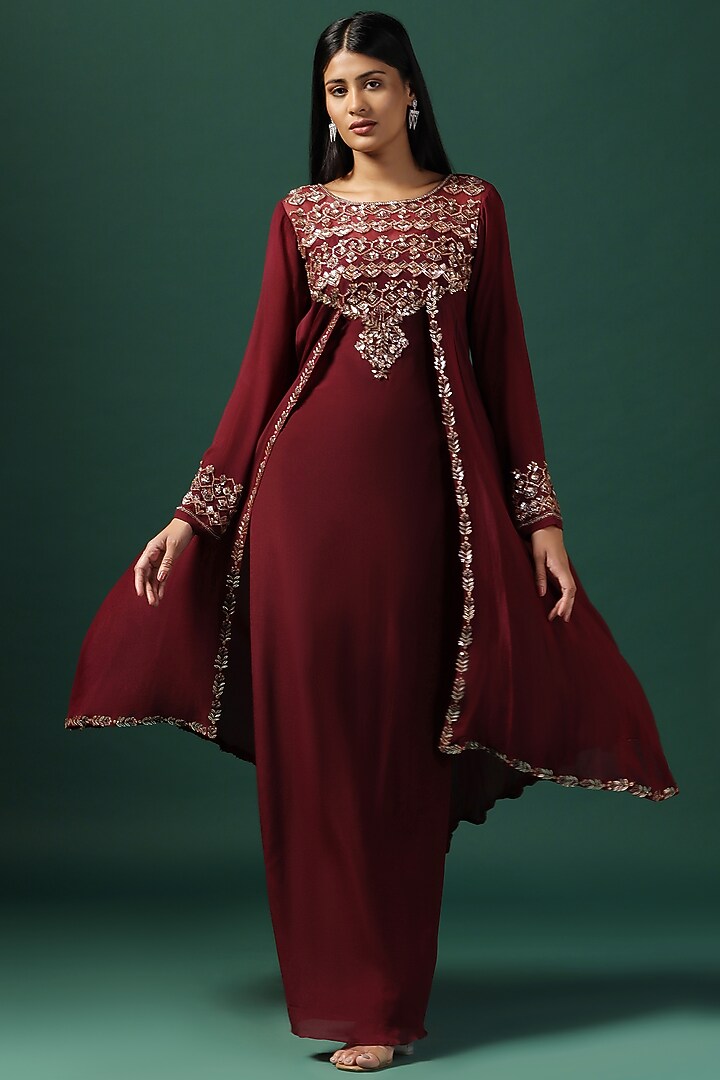 Maroon Georgette Sequins Embroidered Engagement Gown by Two Sisters By Gyans at Pernia's Pop Up Shop