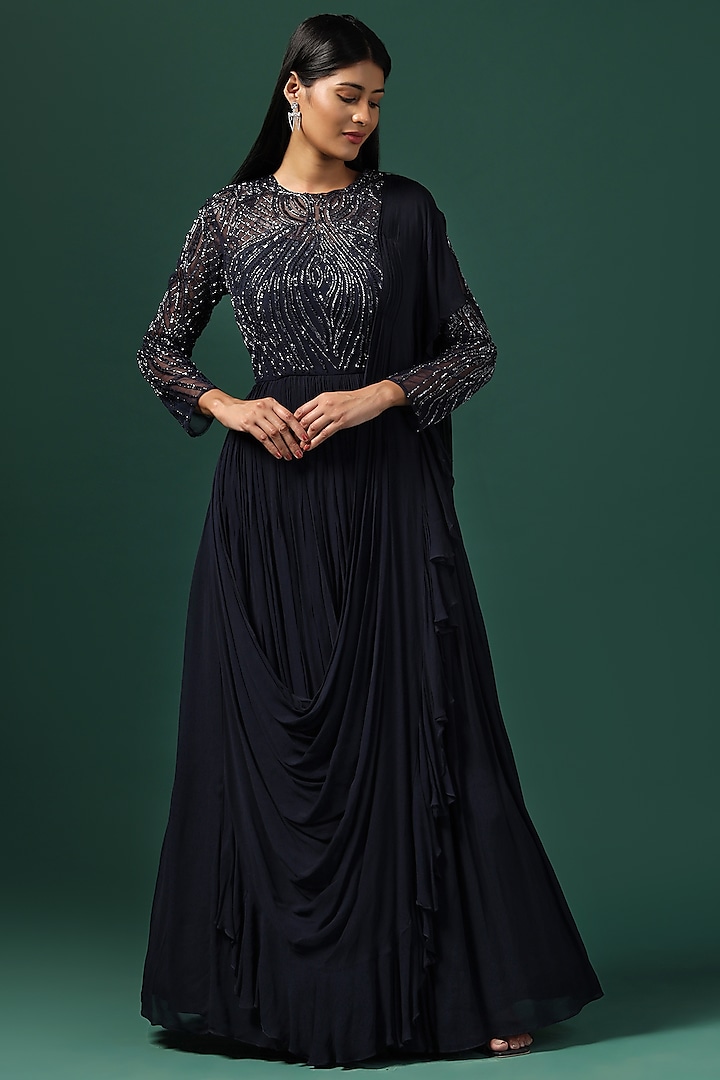 Navy Blue Georgette Cutdana Embroidered Gown by Two Sisters By Gyans at Pernia's Pop Up Shop