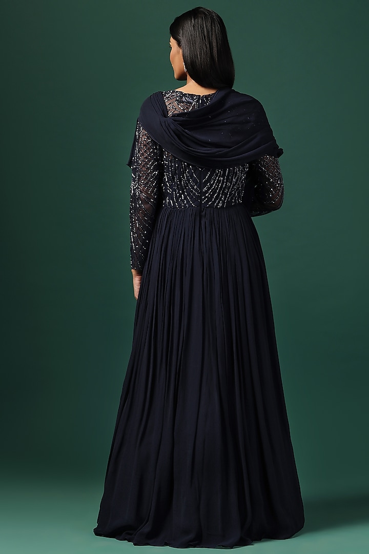 Navy Blue Georgette Cutdana Embroidered Wedding Gown by Two Sisters By Gyans at Pernia's Pop Up Shop