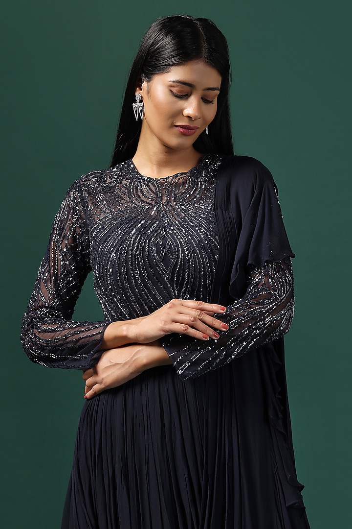 Navy Blue Georgette Cutdana Embroidered Wedding Gown by Two Sisters By Gyans at Pernia's Pop Up Shop