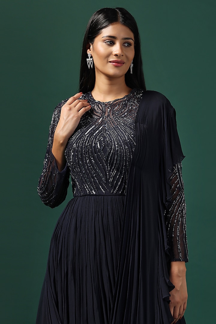 Navy Blue Georgette Cutdana Embroidered Wedding Gown by Two Sisters By Gyans at Pernia's Pop Up Shop