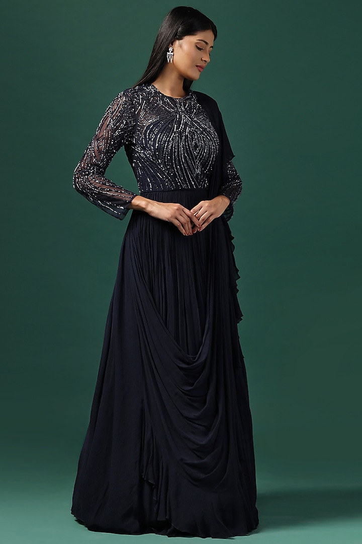 Navy Blue Georgette Cutdana Embroidered Wedding Gown by Two Sisters By Gyans at Pernia's Pop Up Shop