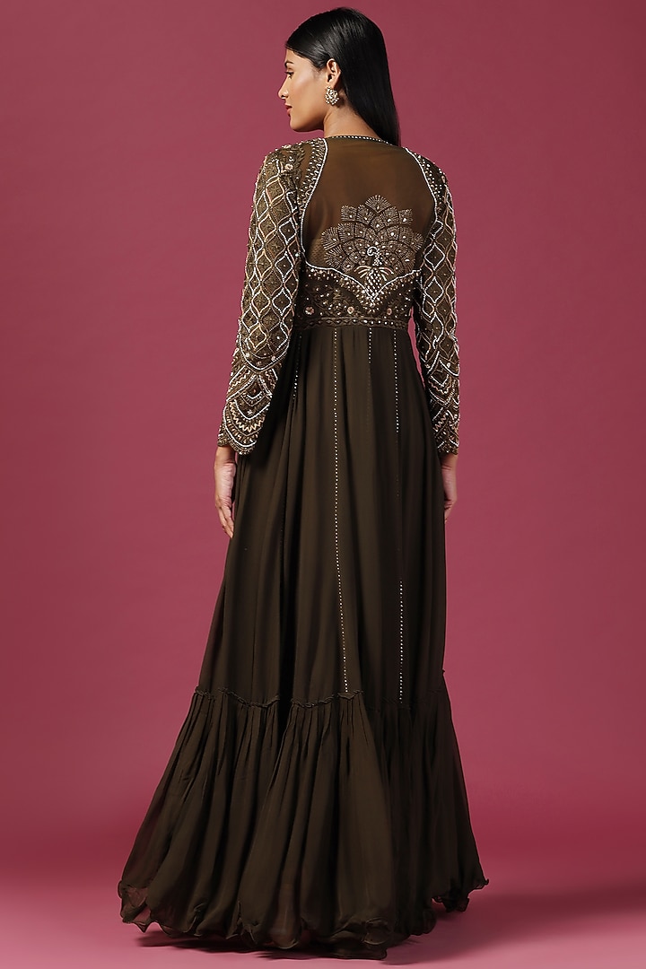 Olive Green Georgette Sequins Work Bridal Anarkali Set by Two Sisters By Gyans at Pernia's Pop Up Shop