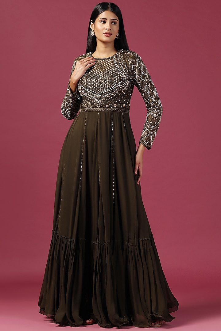 Olive Green Georgette Sequins Work Bridal Anarkali Set by Two Sisters By Gyans at Pernia's Pop Up Shop