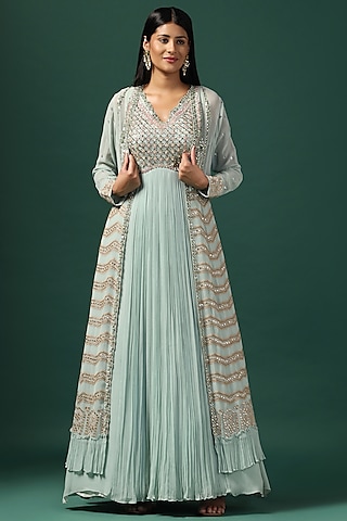 Sea Green Georgette Swarovski Embroidered Anarkali Set by Two Sisters By Gyans