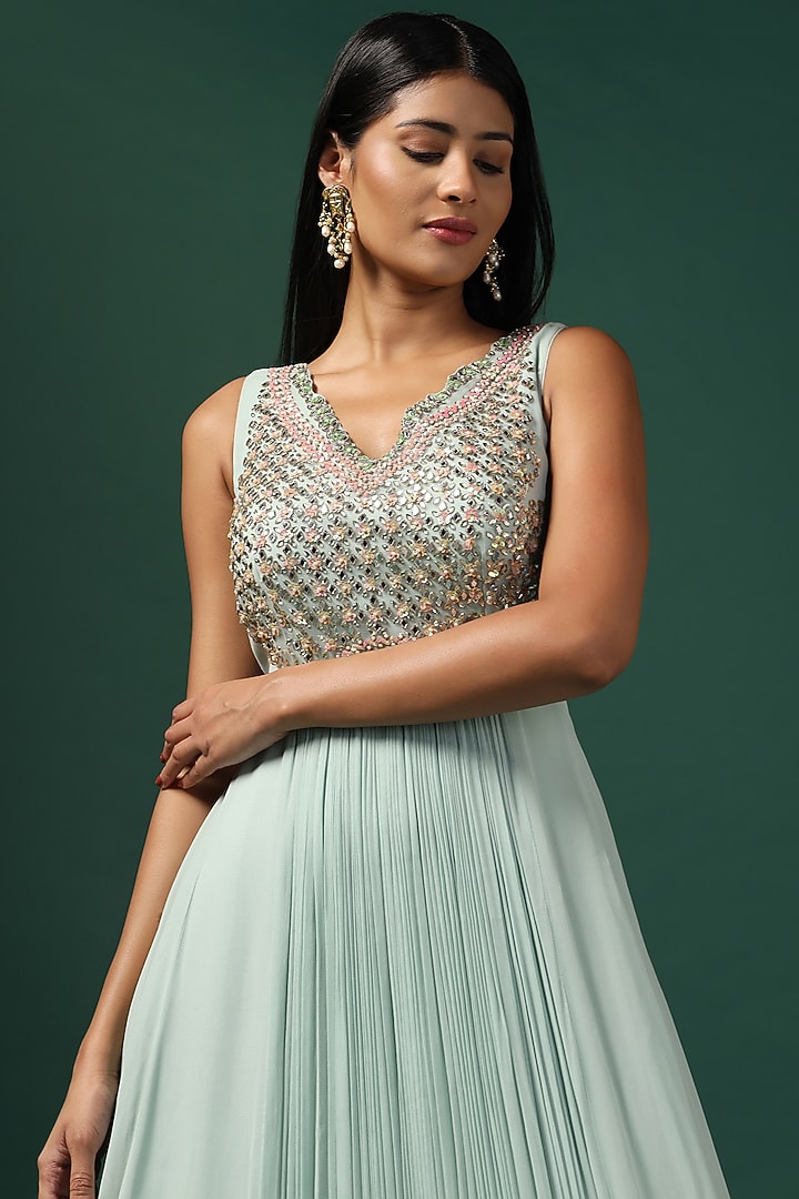 Sea Green Georgette Swarovski Embroidered Bridal Anarkali Set by Two Sisters By Gyans at Pernia's Pop Up Shop