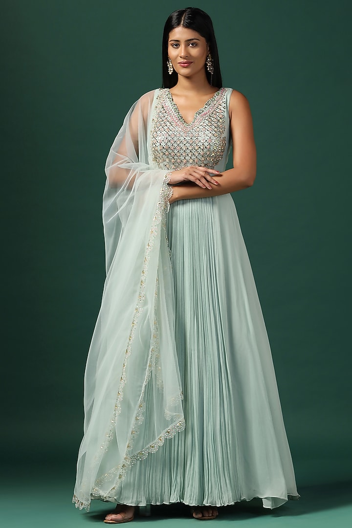 Sea Green Georgette Swarovski Embroidered Bridal Anarkali Set by Two Sisters By Gyans at Pernia's Pop Up Shop