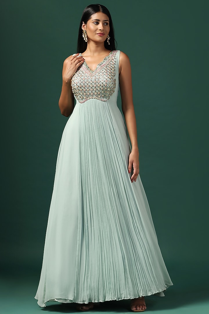 Sea Green Georgette Swarovski Embroidered Bridal Anarkali Set by Two Sisters By Gyans at Pernia's Pop Up Shop