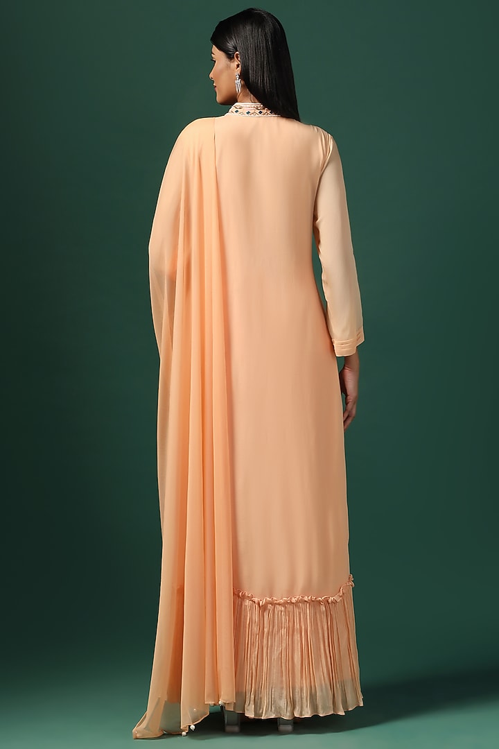 Peach Georgette Pearl Embroidered Wedding Anarkali Set by Two Sisters By Gyans at Pernia's Pop Up Shop