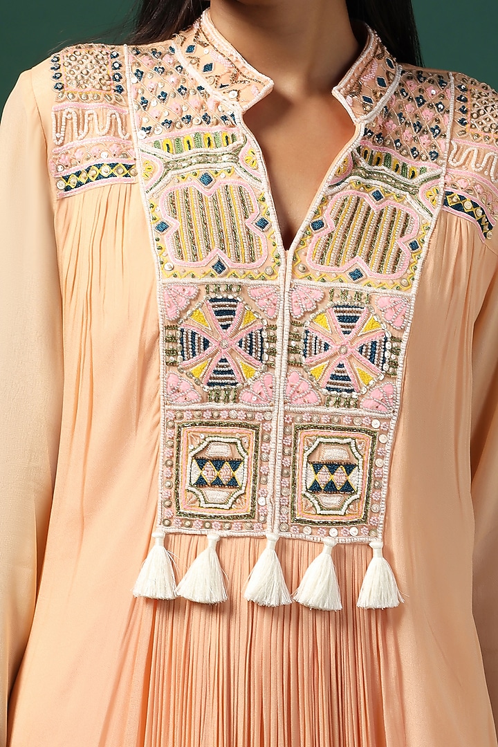 Peach Georgette Pearl Embroidered Wedding Anarkali Set by Two Sisters By Gyans at Pernia's Pop Up Shop