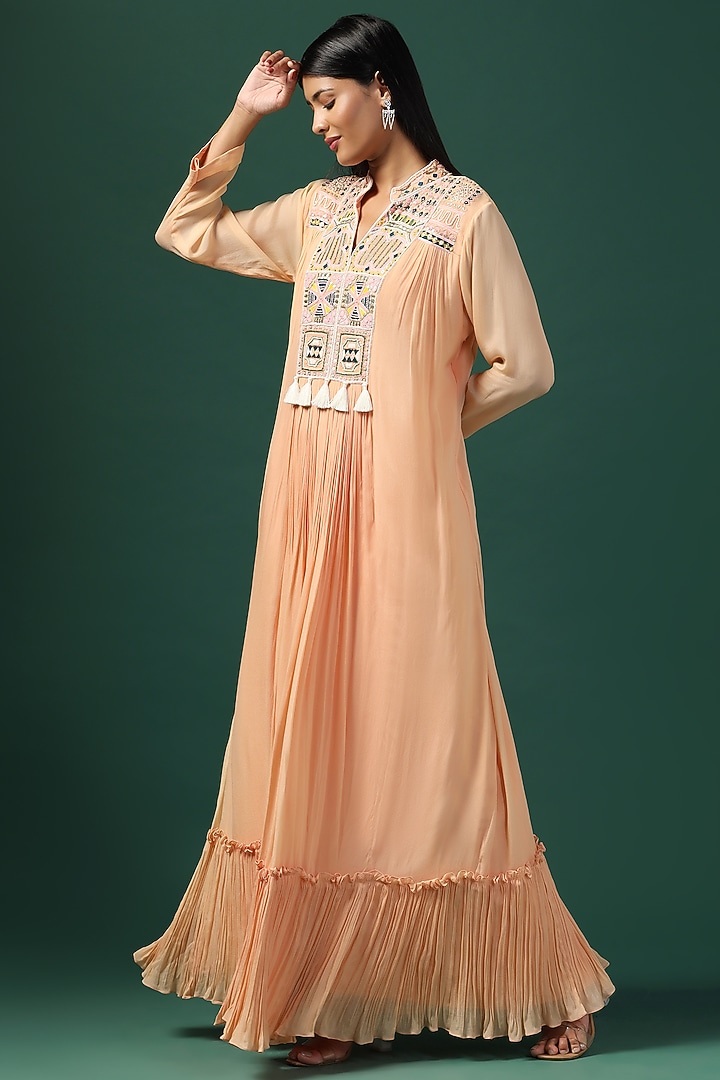 Peach Georgette Pearl Embroidered Wedding Anarkali Set by Two Sisters By Gyans at Pernia's Pop Up Shop