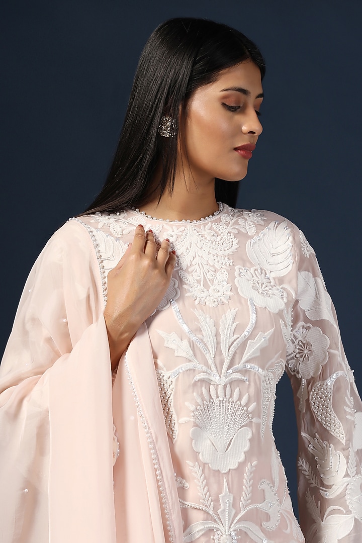 Pink Organza Pearl Embroidered Kurta Set by Two Sisters By Gyans at Pernia's Pop Up Shop