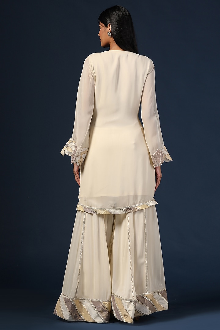 Off-White Georgette Applique Work Wedding Sharara Set by Two Sisters By Gyans at Pernia's Pop Up Shop