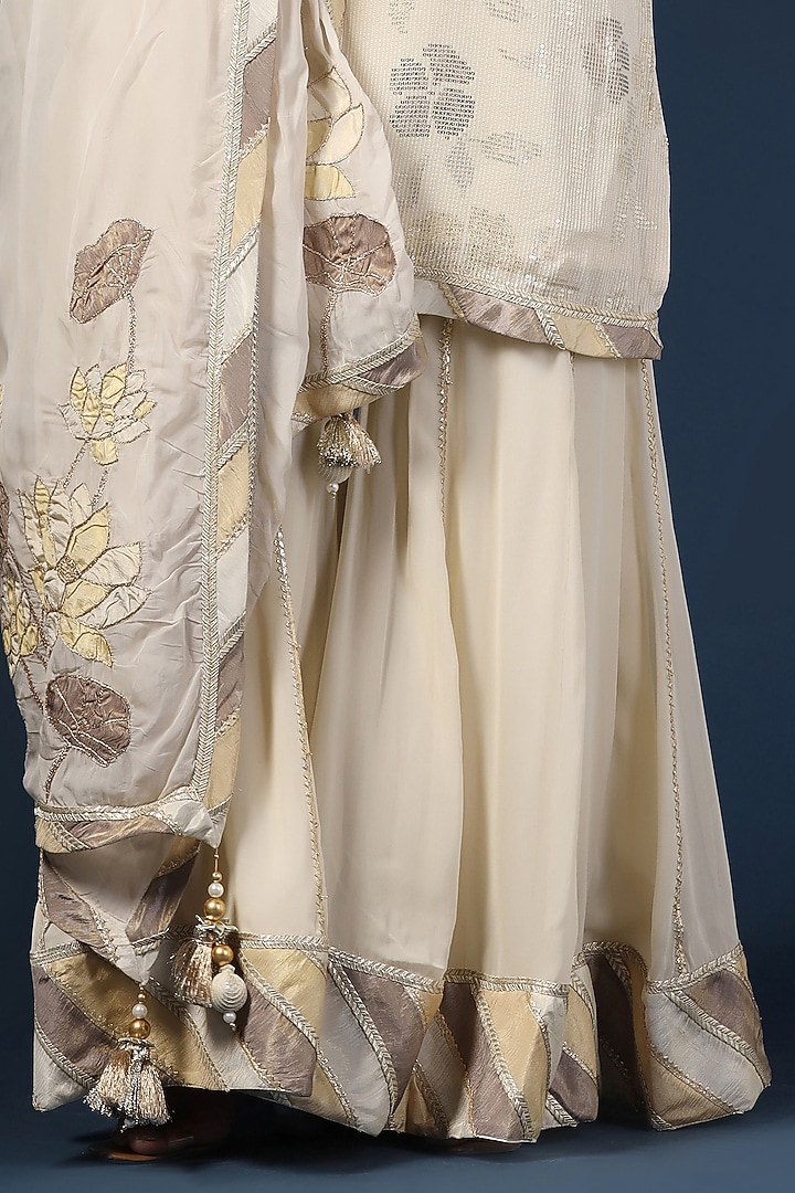Off-White Georgette Applique Work Wedding Sharara Set by Two Sisters By Gyans at Pernia's Pop Up Shop