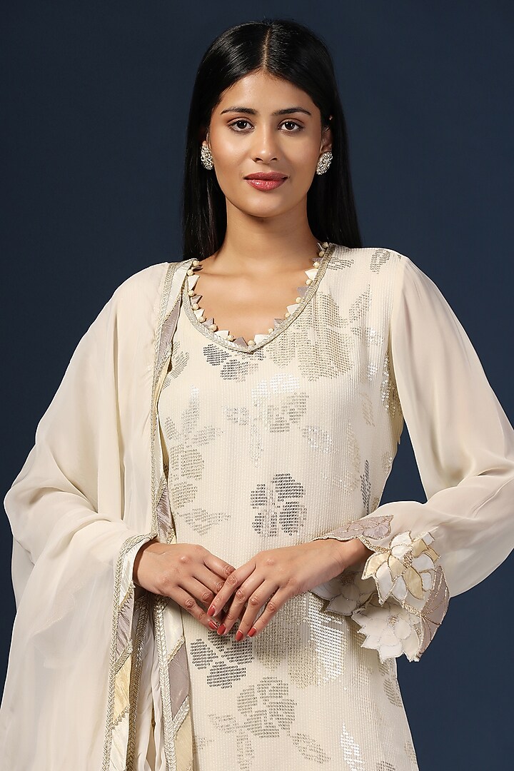 Off-White Georgette Applique Work Wedding Sharara Set by Two Sisters By Gyans at Pernia's Pop Up Shop