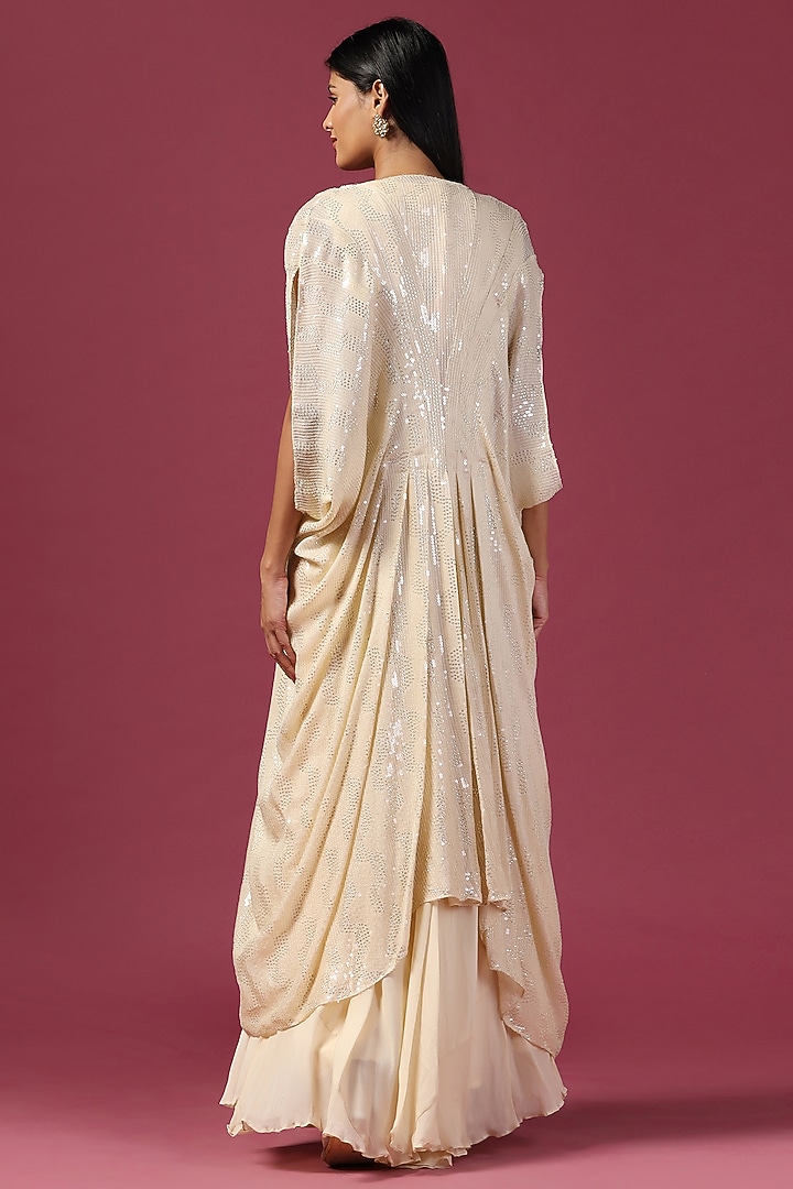 Off-White Georgette Applique Work Sharara Set by Two Sisters By Gyans at Pernia's Pop Up Shop