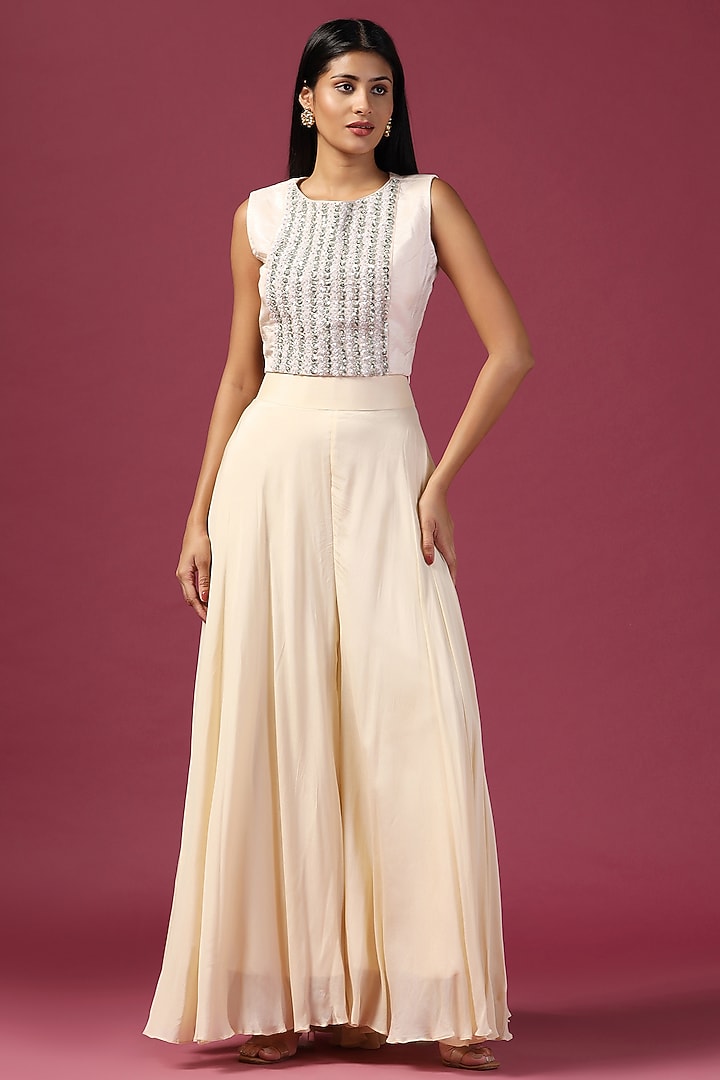 Off-White Georgette Applique Work Sharara Set by Two Sisters By Gyans at Pernia's Pop Up Shop