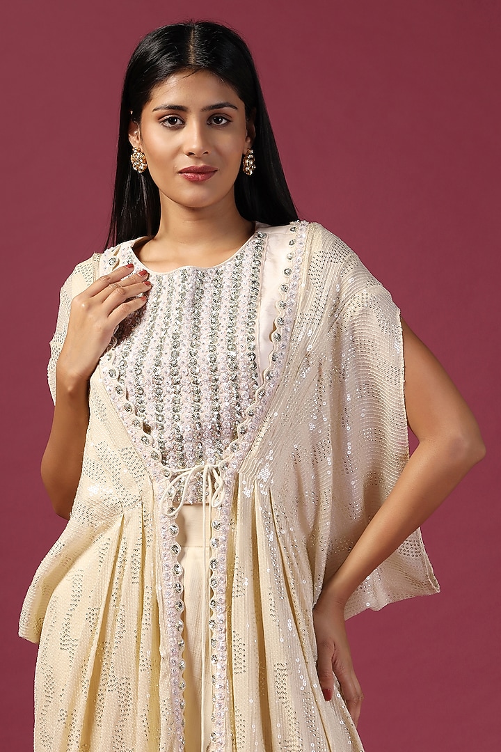 Off-White Georgette Applique Work Sharara Set by Two Sisters By Gyans at Pernia's Pop Up Shop