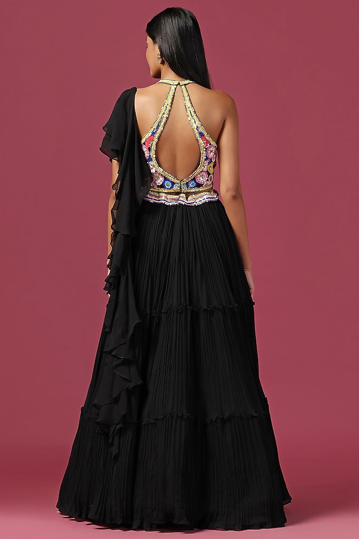 Black Georgette Sequins Embroidered Tiered Wedding Lehenga Set by Two Sisters By Gyans at Pernia's Pop Up Shop