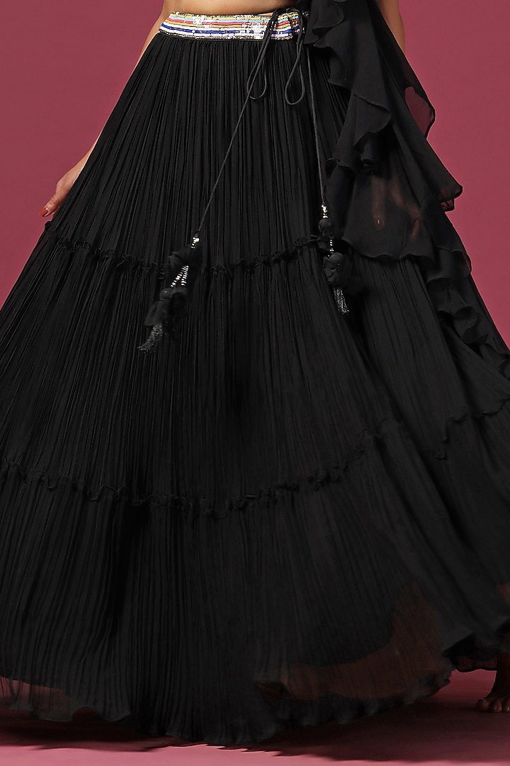 Black Georgette Sequins Embroidered Tiered Wedding Lehenga Set by Two Sisters By Gyans at Pernia's Pop Up Shop