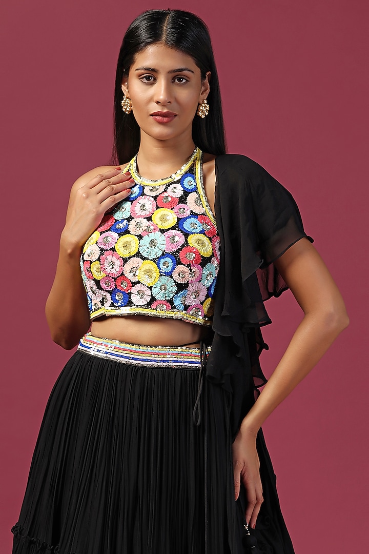 Black Georgette Sequins Embroidered Tiered Wedding Lehenga Set by Two Sisters By Gyans at Pernia's Pop Up Shop