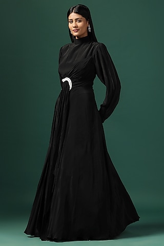 Black Crepe Draped Gown by Two Sisters By Gyans