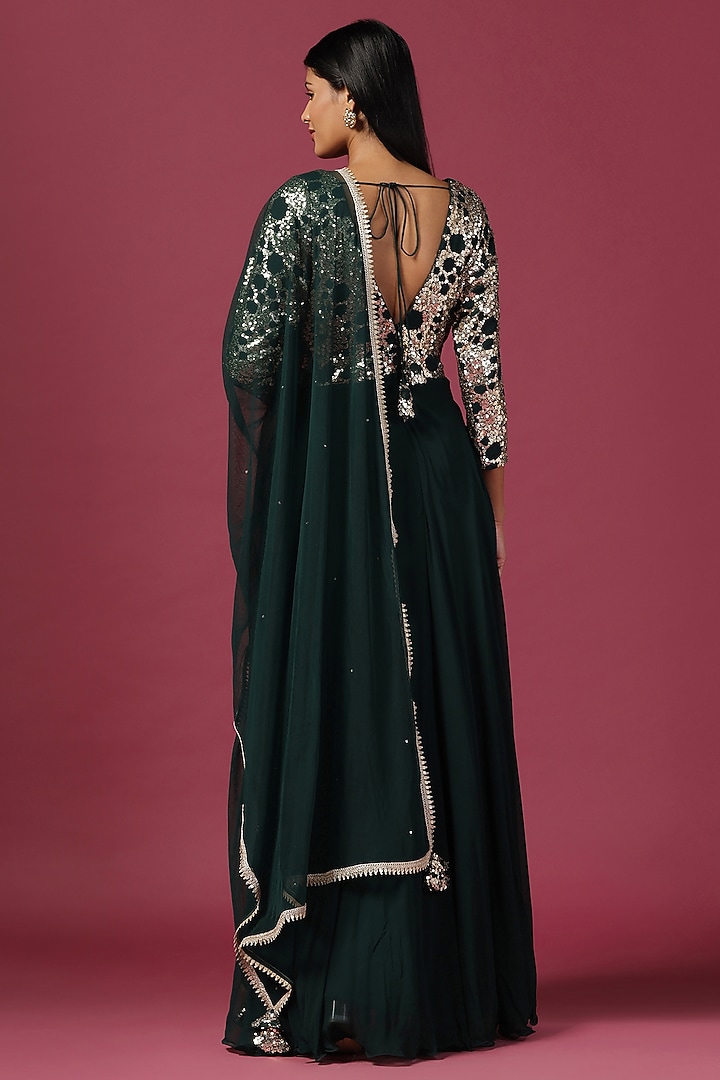 Bottle Green Georgette Sequins Work Wedding Anarkali Set by Two Sisters By Gyans at Pernia's Pop Up Shop