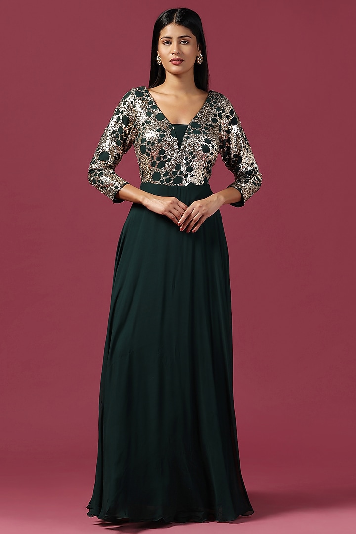Bottle Green Georgette Sequins Work Wedding Anarkali Set by Two Sisters By Gyans at Pernia's Pop Up Shop
