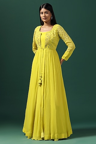 Yellow Georgette Anarkali With Cape by Two Sisters By Gyans