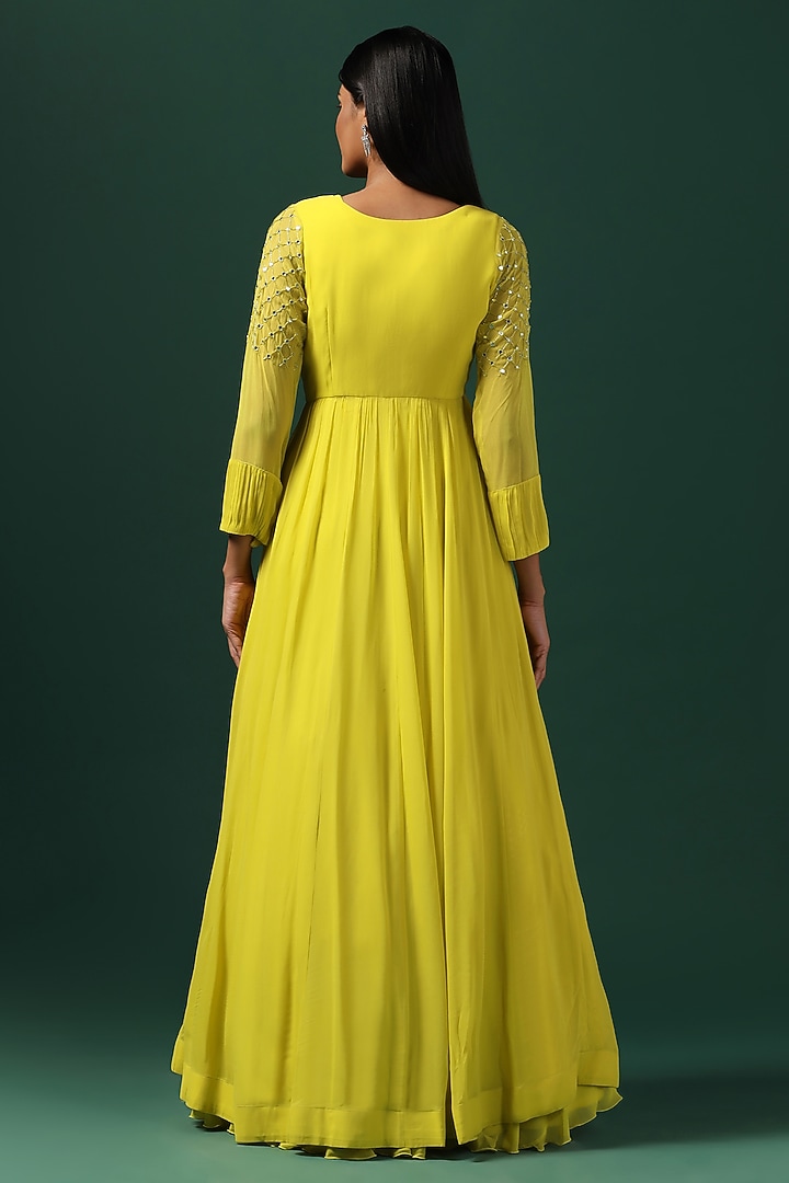 Yellow Georgette Wedding Anarkali With Cape by Two Sisters By Gyans at Pernia's Pop Up Shop