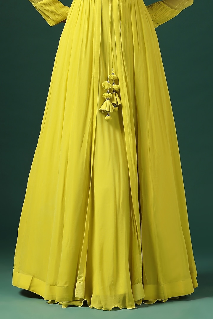 Yellow Georgette Wedding Anarkali With Cape by Two Sisters By Gyans at Pernia's Pop Up Shop