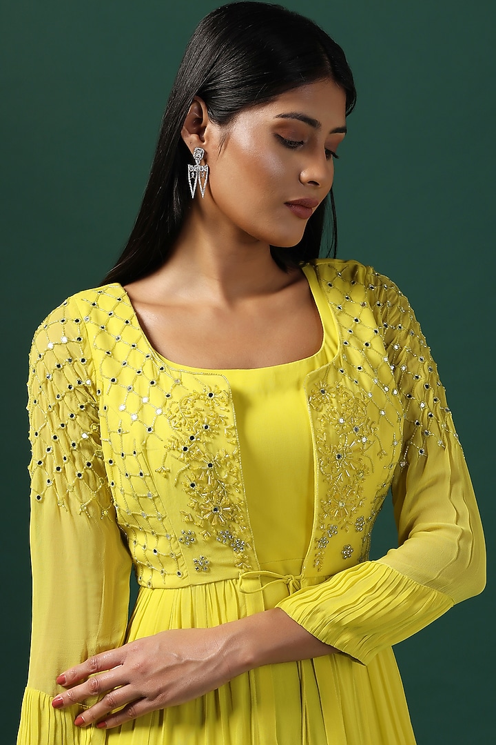 Yellow Georgette Wedding Anarkali With Cape by Two Sisters By Gyans at Pernia's Pop Up Shop