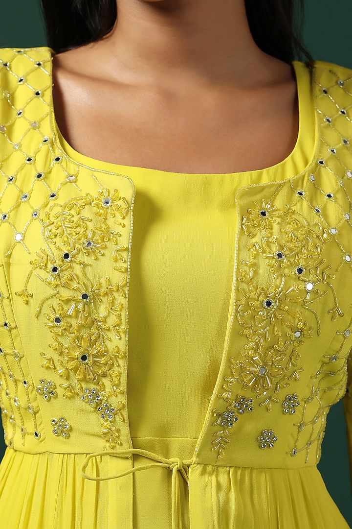 Yellow Georgette Wedding Anarkali With Cape by Two Sisters By Gyans at Pernia's Pop Up Shop