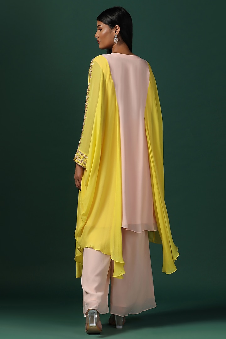 Pink & Yellow Georgette Sequins Work Kaftan Set by Two Sisters By Gyans at Pernia's Pop Up Shop