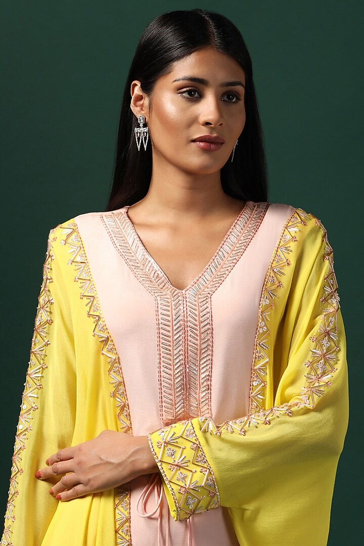 Pink & Yellow Georgette Sequins Work Kaftan Set by Two Sisters By Gyans at Pernia's Pop Up Shop