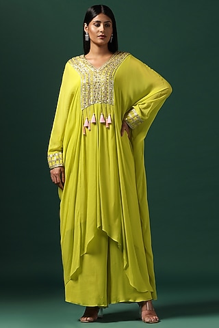 Green Georgette Kaftan Set by Two Sisters By Gyans