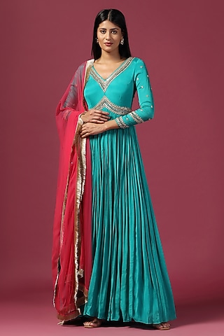 Teal Blue Georgette Anarkali Set by Two Sisters By Gyans