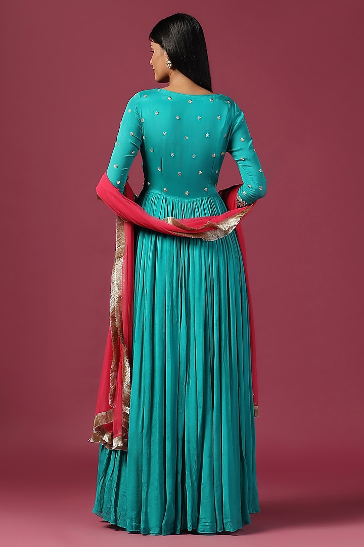 Teal Blue Georgette Wedding Anarkali Set by Two Sisters By Gyans at Pernia's Pop Up Shop