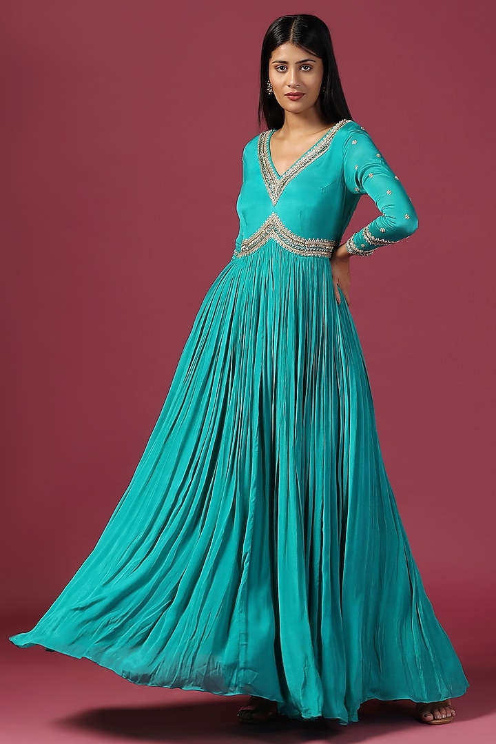 Teal Blue Georgette Wedding Anarkali Set by Two Sisters By Gyans at Pernia's Pop Up Shop