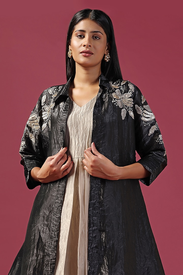 Gold & Black Silk Sequins Embroidered Jacket Cocktail Dress by Two Sisters By Gyans at Pernia's Pop Up Shop