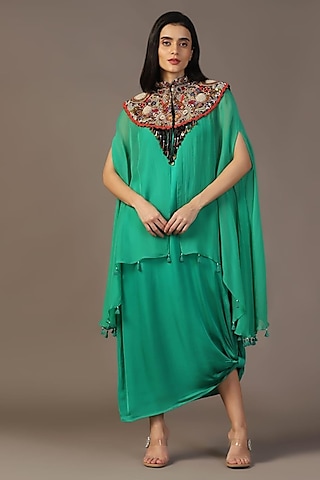 Leaf Green Satin Dabka Embellished Gown With Cape by Two Sisters By Gyans