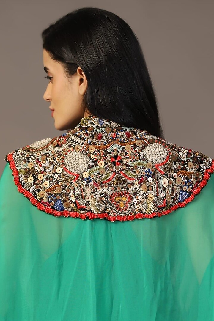 Leaf Green Satin Dabka Embellished Engagement Gown With Cape by Two Sisters By Gyans at Pernia's Pop Up Shop
