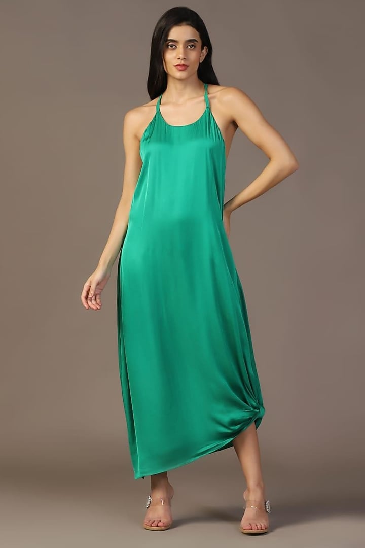 Leaf Green Satin Dabka Embellished Engagement Gown With Cape by Two Sisters By Gyans at Pernia's Pop Up Shop