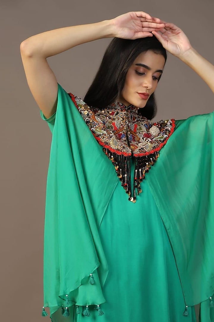 Leaf Green Satin Dabka Embellished Engagement Gown With Cape by Two Sisters By Gyans at Pernia's Pop Up Shop