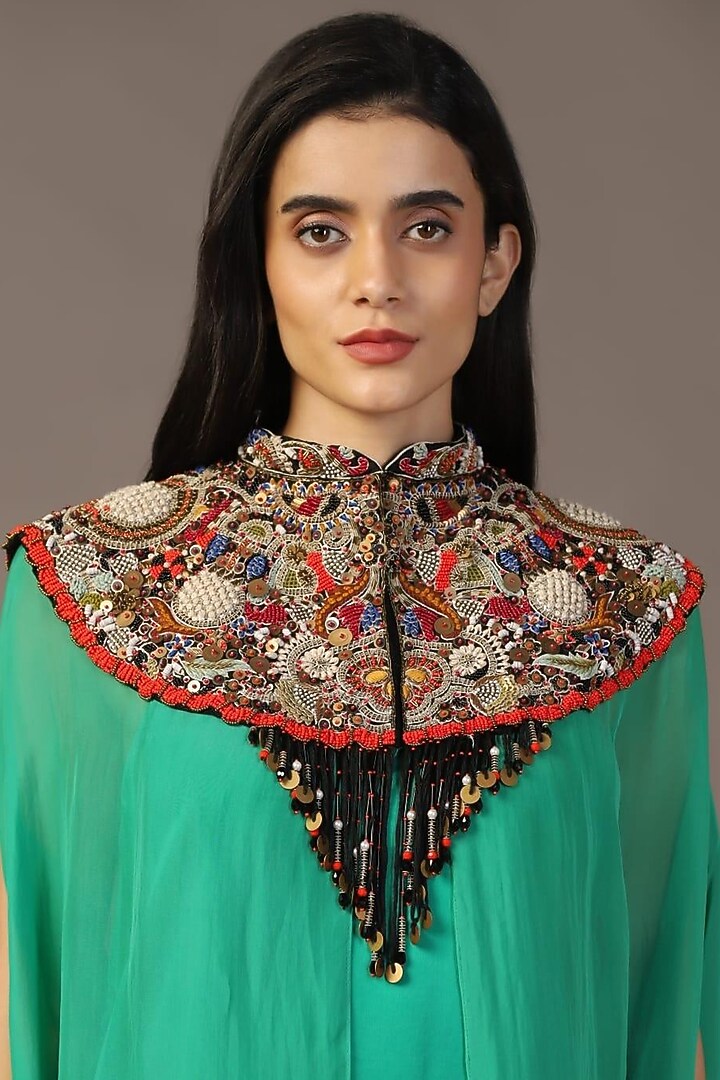 Leaf Green Satin Dabka Embellished Engagement Gown With Cape by Two Sisters By Gyans at Pernia's Pop Up Shop