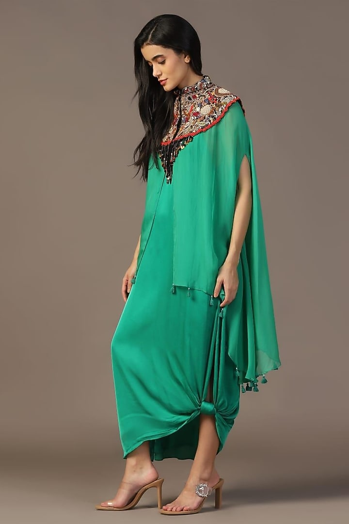 Leaf Green Satin Dabka Embellished Engagement Gown With Cape by Two Sisters By Gyans at Pernia's Pop Up Shop