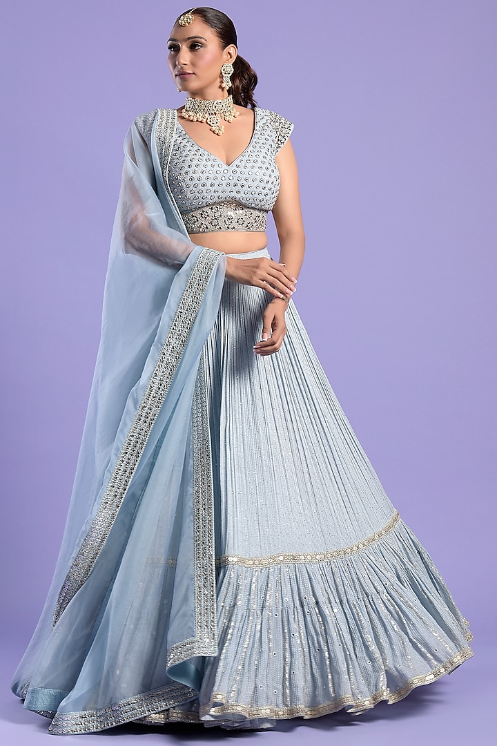 Ice Blue Crepe Embellished Lehenga Set by Two Sisters By Gyans