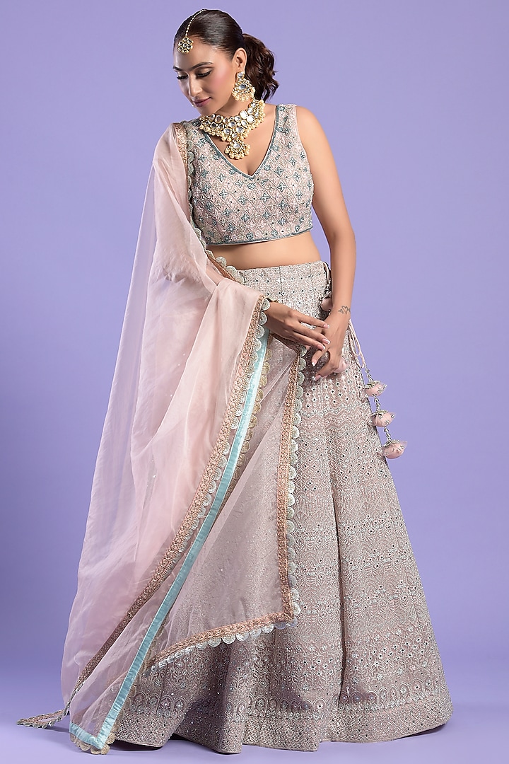 Pink Net Embellished Lehenga Set by Two Sisters By Gyans
