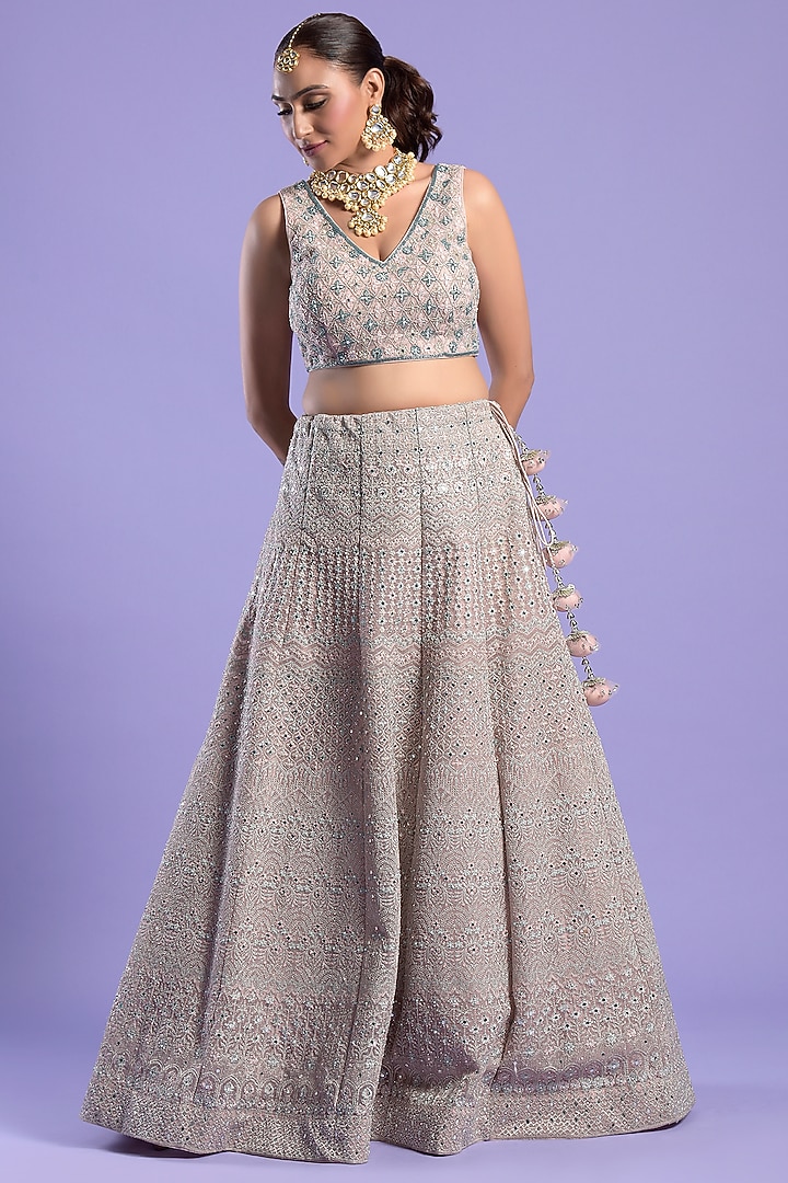 Pink Net Embellished Wedding Lehenga Set by Two Sisters By Gyans at Pernia's Pop Up Shop